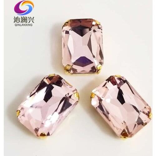 Free shipping Pink Rectangle shape Glass Crystal sew on stones,golden bottom claw rhinstone,Diy/Clothing accessories SWCG09