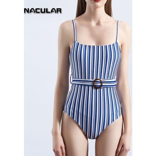 Nacular One Piece Women Swimwear Swimsuit Bathing Striped Female Beachwear Bodysuit Backless Plus Size Push Up Belt Button