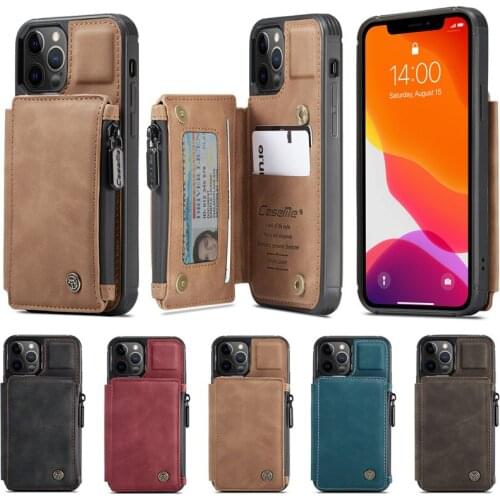CaseMe Matte Retro PU Leather Wallet Zip Pocket Cover Kick Stand Case For Apple iPhone 12 Pro Max / 12 Mini / iPhone 11 Pro Max