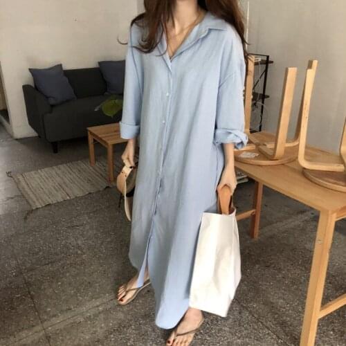 S-2XL Long Sleeve Long Shirt Dress Casual Patchwork White cotton Dresses Collar Buttons Loose Dresses Robe Femme Vestido 820E