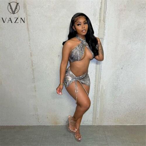 VAZN Summer 2021 European and American Character Womens Sexy Strapless Wrap Swimsuit Print Two-Piece Set