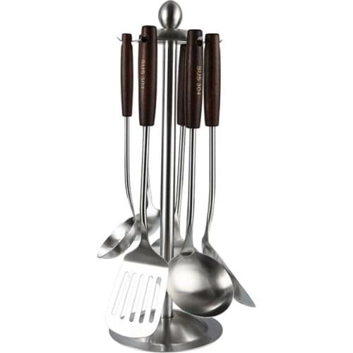 Stainless Steel Retro Spatula with Wooden Handle Thickened Cooking Spoon Colander Cooking Spatula Kitchen Tools, 7PCS