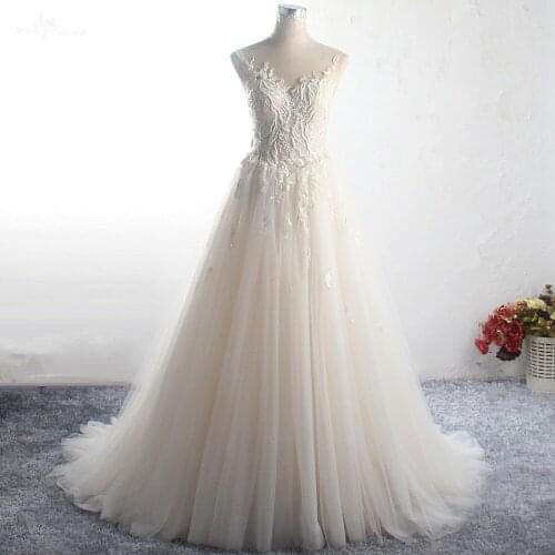 LZ363 Luxury Heavy Bead Long Wedding Dress Pearls Illusion Sleeveless Light Champagne Dress Shining Crystal Lace Appliques Dress