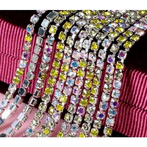 MHS.SUN 10 Yards SS6 SS8 SS10 SS12 Citrine+AB Color Glass Sew On Rhinestone Chain With Silver Base Claw Crystal Rhinestone