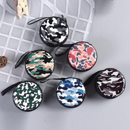 Cute Round Coin Purse Unisex Headphone Bag Key Case Small Mini Camouflage With Zipper Storage Box For Women Men Kids Coin Wallet