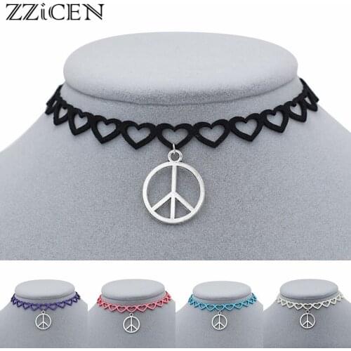 5 Colors New Vintage Classic Antique Round Peace Sign Symbol Pendant Love Heart Choker Necklace for Women Elegant Jewelry