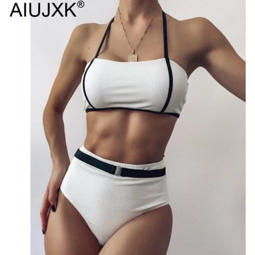 AIUJXK 2021 New Arrival Black White High Waist Swimsuit Women 2 Pieces Set Beach Wear Sexy Bikinis Summer Lingerie Bathing Suit
