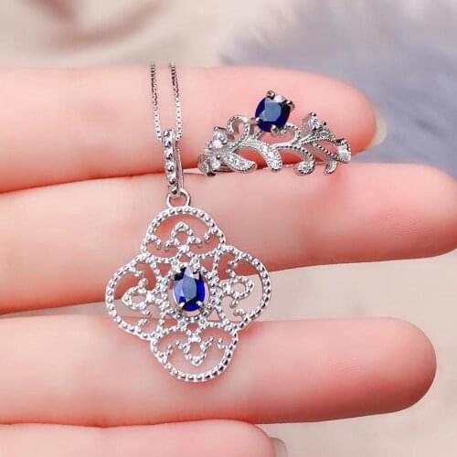 New Arrival Real Natural Real Natural Sapphire jewelry set Natural Real Sapphire 925 sterling silver 1pc pendant,1pc ring