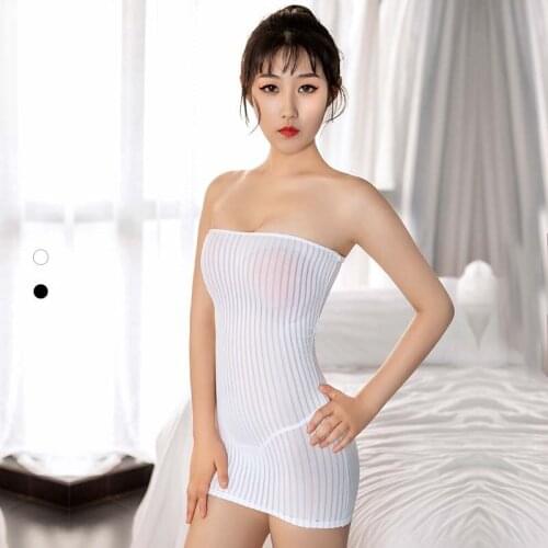 Sexy Striped Baby Dolls Transparent Strapless Pencil Cute Tight Mini Dress Lovely Pack Hips Nightclub Tube Top Erotic Dress