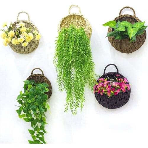 Handwoven Wicker Flower Planter Wall Hanging Rattam Basket Garden Vine Pot Plants Holder Flower Hanging Pot Home Decoration