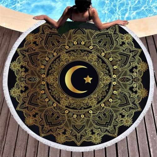 Beach Cover Up Yoga Blanket Mandala Moon Print 150cm Round Microfiber Tassel Towel Bath Shawl Thick Picnic Mattress Wall Hanging