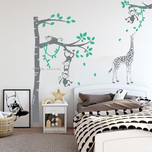 Cute Monkey Giraffe Tree Wall Decal For Baby Nursery DIY Self-sticking Vinyl Murals Removable Wall Sticker for Playroom LC1337