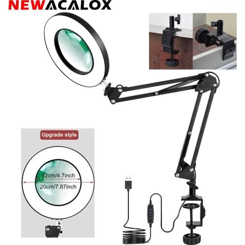 NEWACALOX Large Lens 5X Magnifying Glass USB 3 Colors LED Desk Lamp Lighting Tattoo Nail Art Third Hand Magnifier Welding Tool