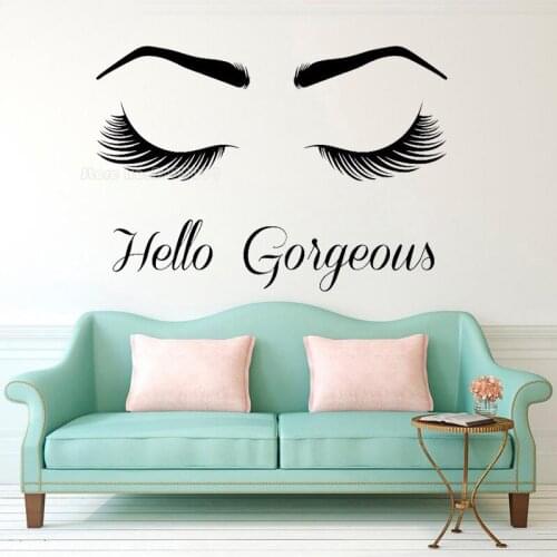 Hello Glamour Vinyl Wall Decals Beauty Salon Stickers Closed Eyes Decoration Beautiful Eyelashes Woman Bedroom Wallpaper LL2039