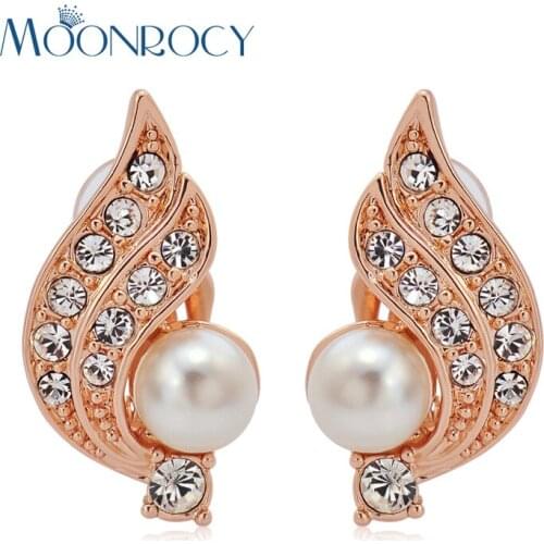 MOONROCY Rose Gold Color CZ Imitation Pearl Earrings Clip For Women Wings Jewelry Crystal Earrings Silver Color Wholesale Gift