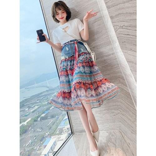 Top Quality White hollow short sleeves T Compassionate+Denim patchwork Vintage Print Skirt Suit womens summer new