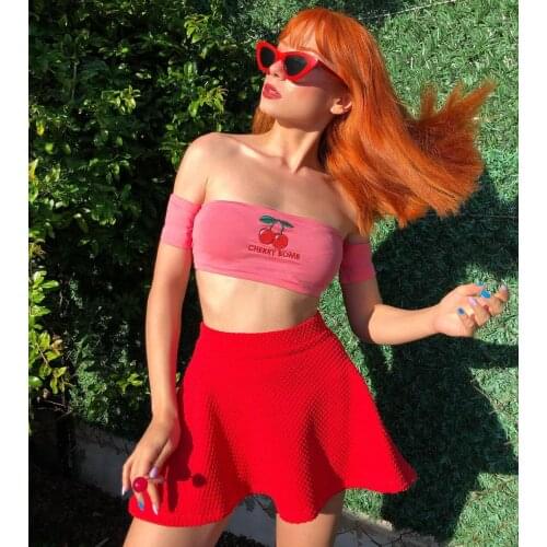 Surge Women Top Sexy Crop Tank Tops T-shirt "Cherry Bomb" Pink Strapless Sleeveless 2020 Summer Spring Fashion blouse