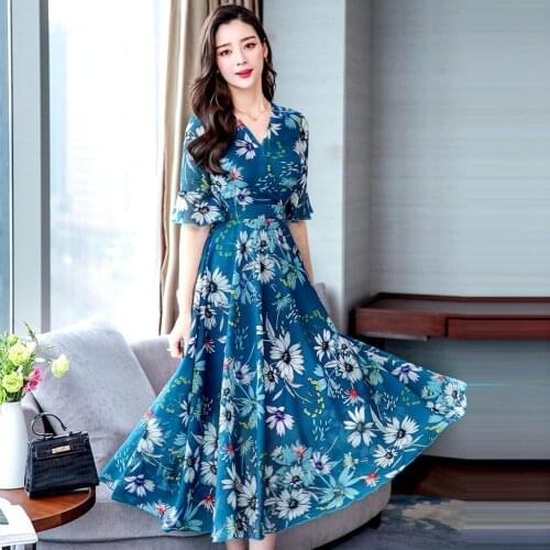 Fashion Women Floral Print Slim Blue Swing Long Dress Elegant Ladies V-Neck Short Sleeve Tunic Maxi Party Dress Female Vestidos