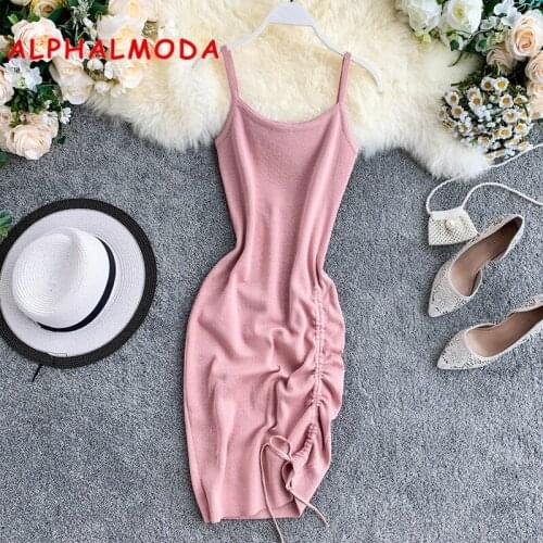 ALPHALMODA Knitted Dress Female 2019 Side Drawstring Wrap Hip Solid Pullovers Mini Knit Vestidos Women Casual Summer Dress