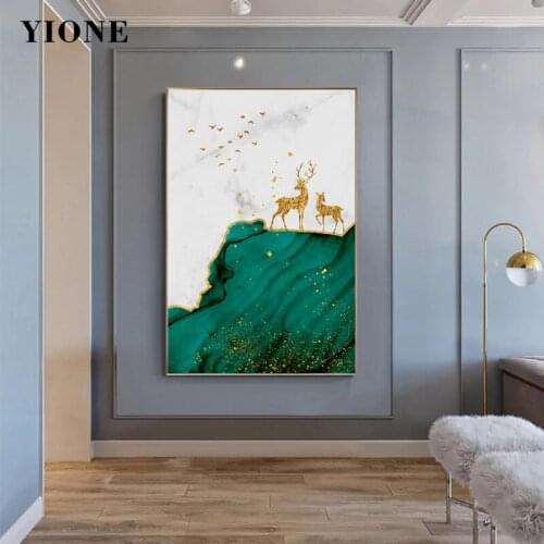 Green Gold Abstract Landscape Art Canvas Paintings Modern Luxury Mountain Deer Wall Pictures for Living Room Posters and Prints