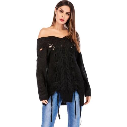 AECU Turtleneck Sweater Female Womens V Collar Hollow Pullover And Sweater Off Shoulder Long Sleeve Knitted Shirt 2021