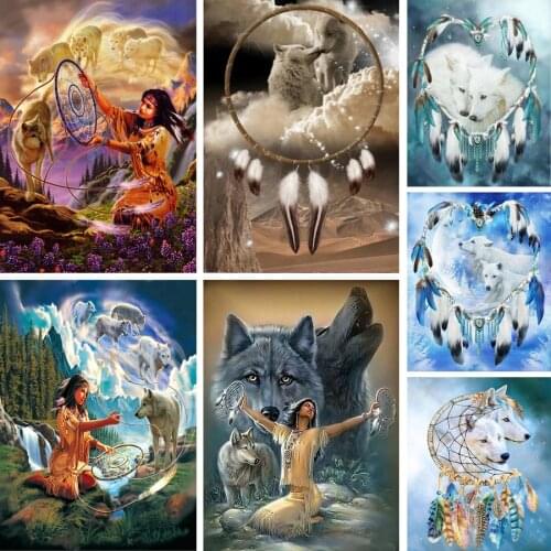 5D Diy Diamond Painting By Number Indian Wolf Dream Catcher Mosaic Cross Stitch Needlework Diamond Embroidery Art Crafts