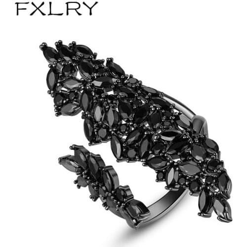 FXLRY New Trendy Gun black Color Micro Paved Cubic Zircon Irregular Adjustable Open Ring For Women Party Fashion Jewelry