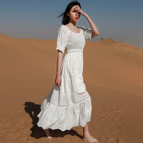 Jastie Boho Floral Embroidered Dresses for Women Clothing 2021 Summer O-Neck Short Puff Sleeve Maxi Dress Casual Beach Vestidos
