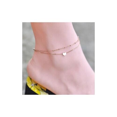 Hot Selling Quality Rose Gold Color Stainless Doulbe Chain Heart Charms Foot Chain Fashion Women Anklet Jewelry
