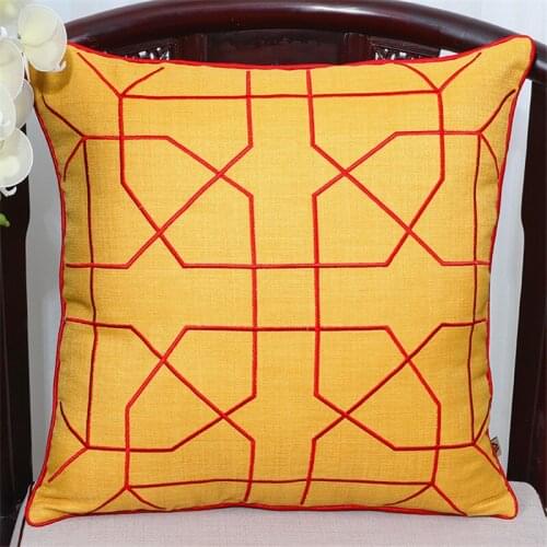 Linen Embroidery Grid Cushion Cover High-grade Chinese Style Pillowcase Pure Color Red Yellow Waist Pillow Cover Home Sofa Decor