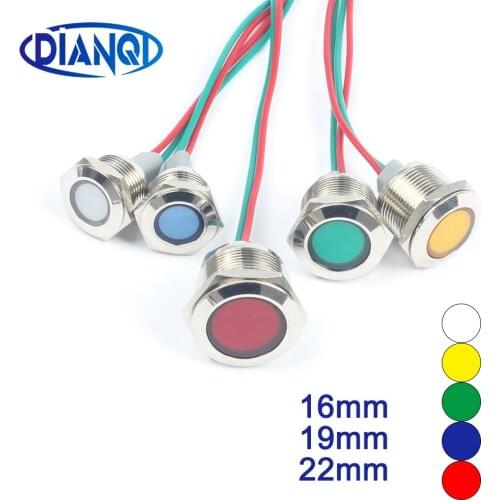 16 19 22 Metal LED Warning indicator light Waterproof Signal Lamp Pilot Wires switch 3-6V 12-24V 110-220V red blue with wires