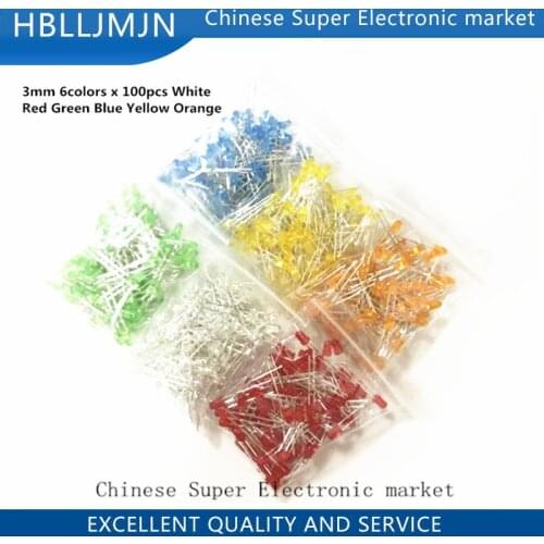 600pcs(6 colors x 100pcs) White Red Green Blue Yellow Orange 3mm 20mA Diffused Light-Emitting Diode LED 3V Lamp Assorted Kit Set