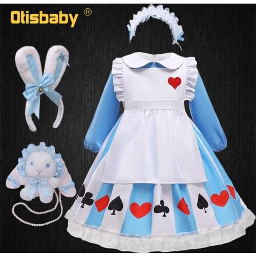 2pcs Fancy Girls Princess Alice Lolita Dress Kids Birthday Party Spanish Palace Retro Maid Costume with Rabbit Doll Shoulder Bag