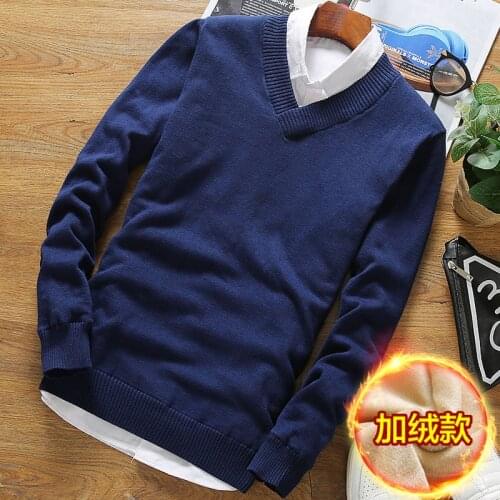 2021 New fashion warm winter Korean mens sweater V collar autumn winter knitted Pullover Sweater pure cotton Plush thickened