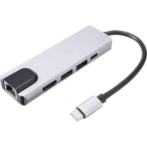 New Audio Jack Adapter 5 In 1 USB-C Adapter Dock Hub USB Type-C PD HDMI-compatible 4K 2x USB Ethernet Network Extension Cable