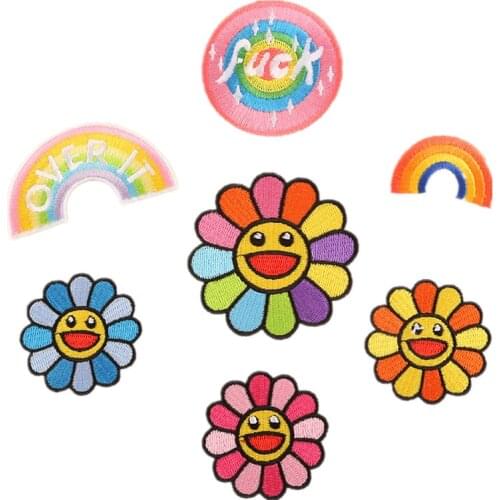 New Colorful Smile Rainbows Sunflower Patch Embroidery Iron On Applique Floral for Kids Dress Clothes Cute DIY Badges Handwork