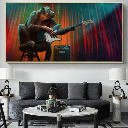 Monkey Play Guitar Poster and Prints Wall Art Cuadros Animal Picture Wall Canvas Decor for Living Room Home Decor Painting