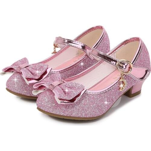 Girls Princess Shoes Butterfly Knot High-Heel Shiny Crystal Shoes Kids Leather Shoes Childrens Single Shoes Birthday Present