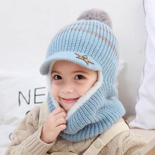 2020 Knit Short Plush Hooded Scarf Kids Hat And Scarf Child Winter Warm Protection Ear Pom Pom Cap Scarves Girls Boy Accessories