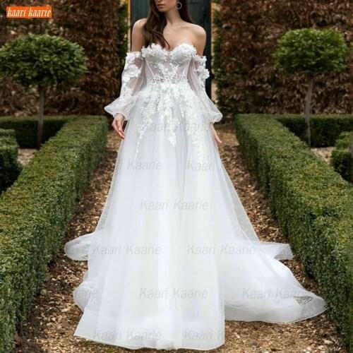 Sweetheart Wedding Dresses 2021 Vestido De Noiva Long Puff Sleeve Boho Trouwjurk A-Line Tulle Appliques 3D Flowers Bridal Gowns