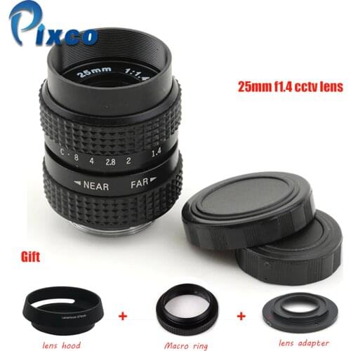Pixco 25mm f/1.4 CC TV Lens + Lens Hood + Macro Ring + C Mount to camera adapter for Nikon1 M4/3 /For Pentax Q Nex For Fuji fx