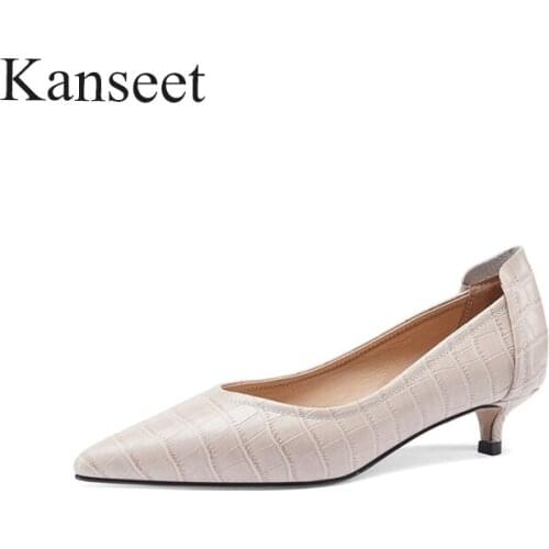Kanseet Women Pumps 2021 Spring Autumn Mid Heel Shoes Genuine Leather Handmade Thin Heels Daily Office Ladies Pointed Toe Shoes