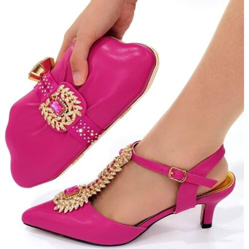 Comfortable Heels African Women Shoes and Bag For Wedding Party in Fuchsia Color High Quality Decorate with Rhinestone SHOES