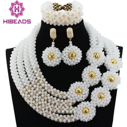 Splendid White Gold Bold Statement Necklace Set Handmade Crystal Beaded Women Bridal Jewelry Set Free Shipping WD086