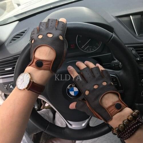 High Quality Half Finger Mittens Mens Genuine Leather Gloves Goatskin Gloves Fashion Men Breathable Male Driving Gloves Mittens