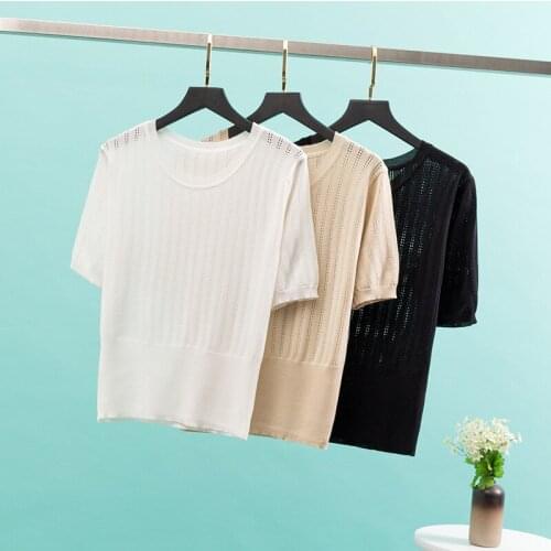 GGRIGHT Spring Summer Women Knitted T-shirt 2020 Cutout slim Casual Elastic O-neck Cotton Female Tshirt Short Sleeve Tops Women