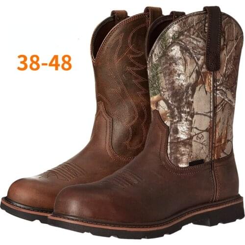 Plus Size Winter Mens Mid-calf Boots Slip-on Embroidery Leather Cowboy Boots Round Toe Outdoor Cool Motorcycle Boots Mens Shoes