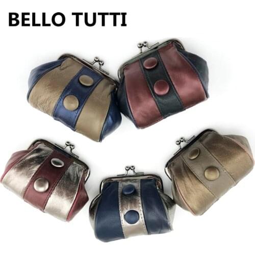 BELLO TUTTI Genuine Leather Womens Coin Purse Patchwork Mini Wallets Metal Frame Female Girls Change Purse Small Coin Bag