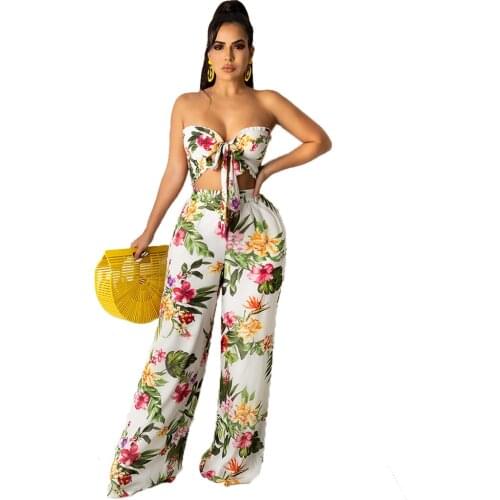 2021 New Arrival Fashion Design 2 pcs Women Set Print Slash Neck Short Tops Long Pants Summer Beach Outfits