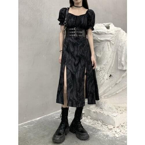 Dark Black High Slit Long Dress Woman Empire 2021 New Short Bubble Sleeve Belt Dress Designer Punk Gothic Dress Street Style